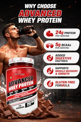 Image of Muscle Gears Advanced Whey Protein | 24g Protein | 5.4g BCAAs | 4g Glutamine | 5g Amino Acids | Digestive Enzymes Blend | Cookies & Cream Flavor | Gluten Free | 2 LBS (908g)