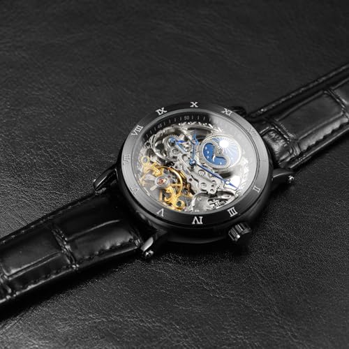 Image of FORSINING Men's Self Winding Automatic Watch Tourbillon Analog Skeleton Movement Moon Phase Wrist Watch with Genuine Leather Strap