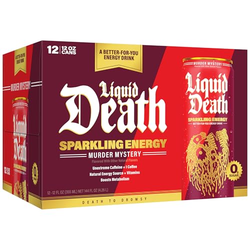 Image of Liquid Death Sparkling Energy - Murder Mystery (Cherry, Cream, Spice), Zero Sugar Energy Drink, Unextreme Caffeine 100mg, Essential Vitamins, 12 Fl Oz (Pack of 12)