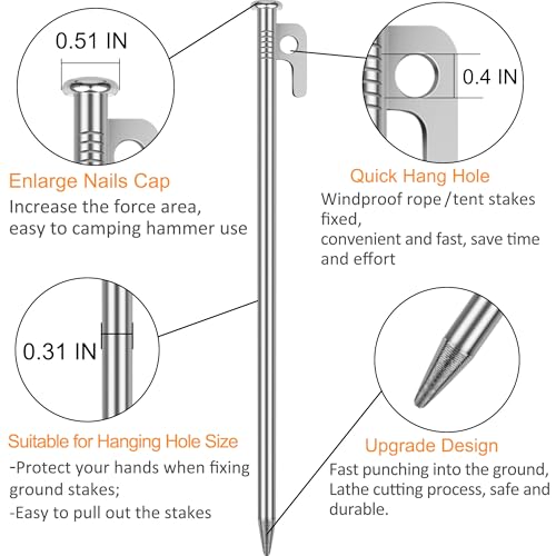Image of 8 Pack Tent Stakes Heavy Duty 12 inch Steel Tent Pegs for Camping Unbreakable and Inflexible-Silver