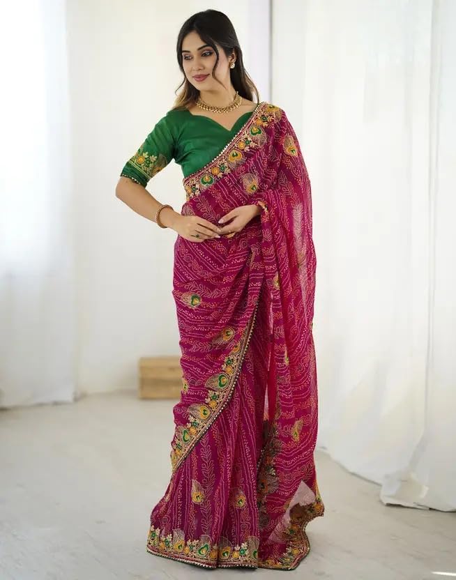 Image of Women's Georgette Bandhani Printed Embroidery Saree with Unstitched Blouse Piece