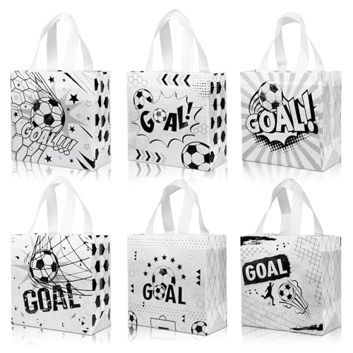 Soarvita 12Pack Soccer Goodie Bags with Handles: Soccer Party Favor Bags for Treat Candy & Snacks - Reusable Non-Woven Small Gift Bags for Kids Birthday Sports Events Game Day & School Activities