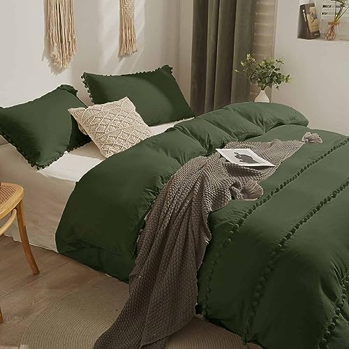 Etdiffe Olive Green Duvet Cover Queen Size Pom Pom, 3 Piece Boho Bohemian Farmhouse Microfiber Comforter Cover Set, Soft And Lightweight Cute Chic Quilt Cover #TOP2