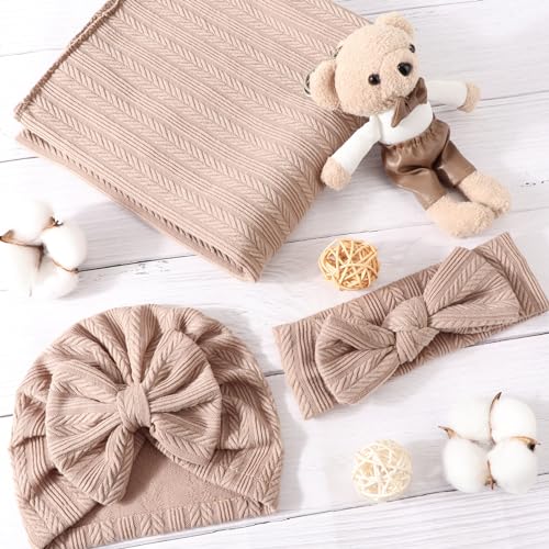 Image of DRESHOW BQUBO Baby Swaddle Blankets for Girls, 4PCS Newborn Accessories Set with Matching Hat and Bow Headband with Hello World Wooden Birth Announcement Card