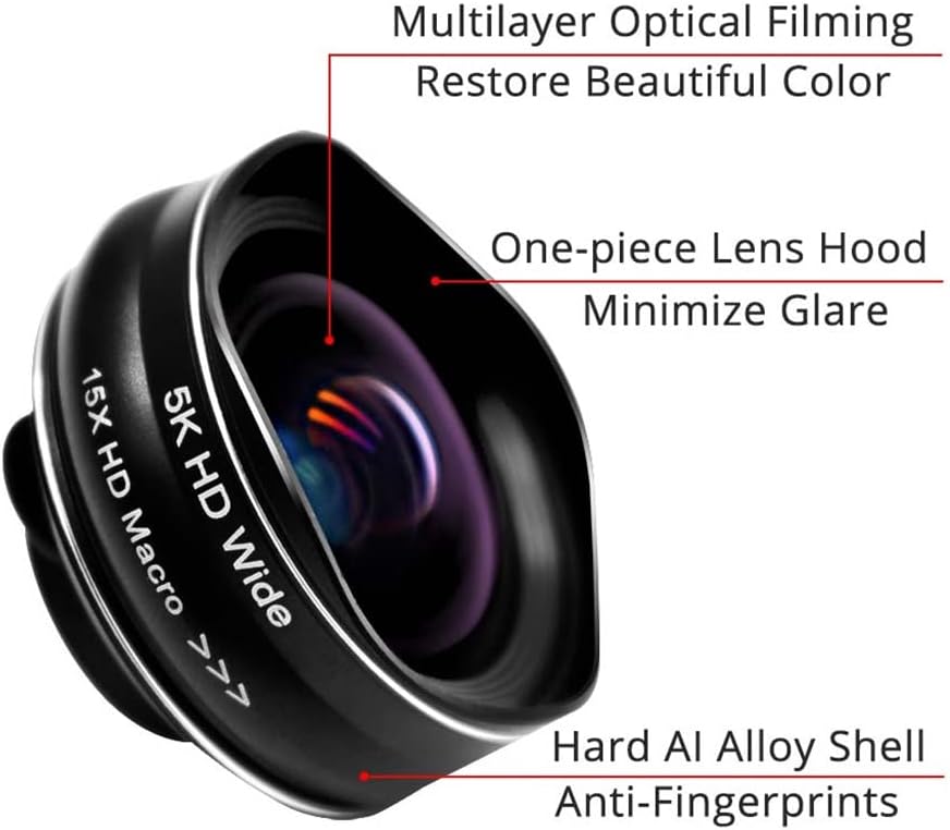 5K HD Mobile Phone Camera Lens 0.45X Wide Angle 15X Macro 2 in 1 Lenses No Distortion