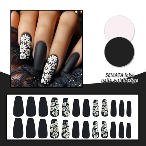 SEMATA Spring Black Acrylic Press on Nails Medium Long Square Nails Press ons Coffin Summer Glue on Fake Nail with White Daisy Designs Reusable Artificial Stick on False Nail for Women 24Pcs — view 4