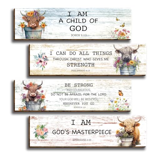 4 Pieces Highland Cow Christian Wall Art I Am a Child of God Wooden Hanging Sign Rustic Farmhouse Bible Verse Wall Art for Bedroom Home Office Decor Baptism Gifts Room Highland Cow Decorations