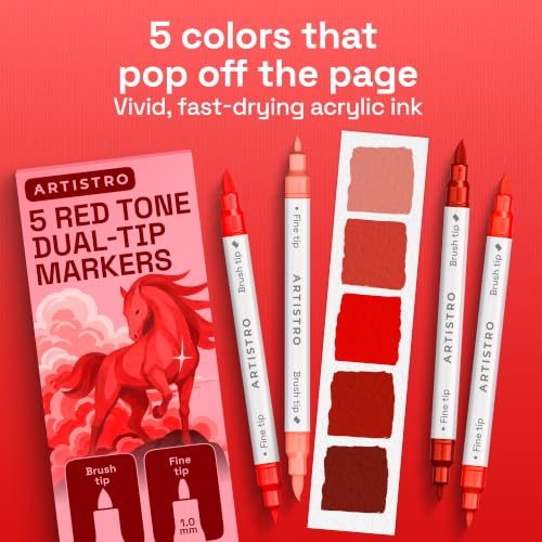 Image of ARTISTRO 5 Red Tones Dual-Tip Acrylic Paint Marker Pens for Drawing | For Fabric, Rock, Glass, Wood, & Molds, Arts & Crafts Gift for Adults, Teens, & Kids, Classroom Must Haves & School Supplies