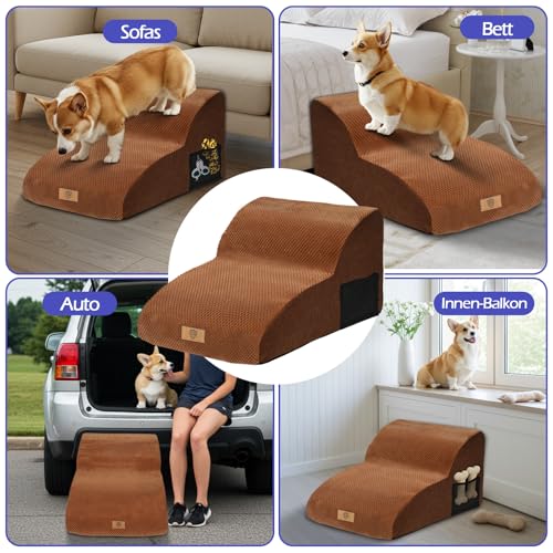 Eukue Hundetreppe 2 Stufen, Verlängert Hunderampe für Kleine Hunde und Katzen, Hochdichtem Schaum Haustiertreppe für Bett und Sofa aus, Tragbare Treppe für Hunde mit Waschbarem Bezug(Braun)