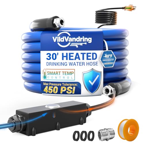 30ft Heated Water Hose for RV - Heated Drinking Water Hose with Energy-Saving Thermostat Water Line Freeze Protection Down to -40F/-40C Heated Garden Hoses with Adapter Lead and BPA Free