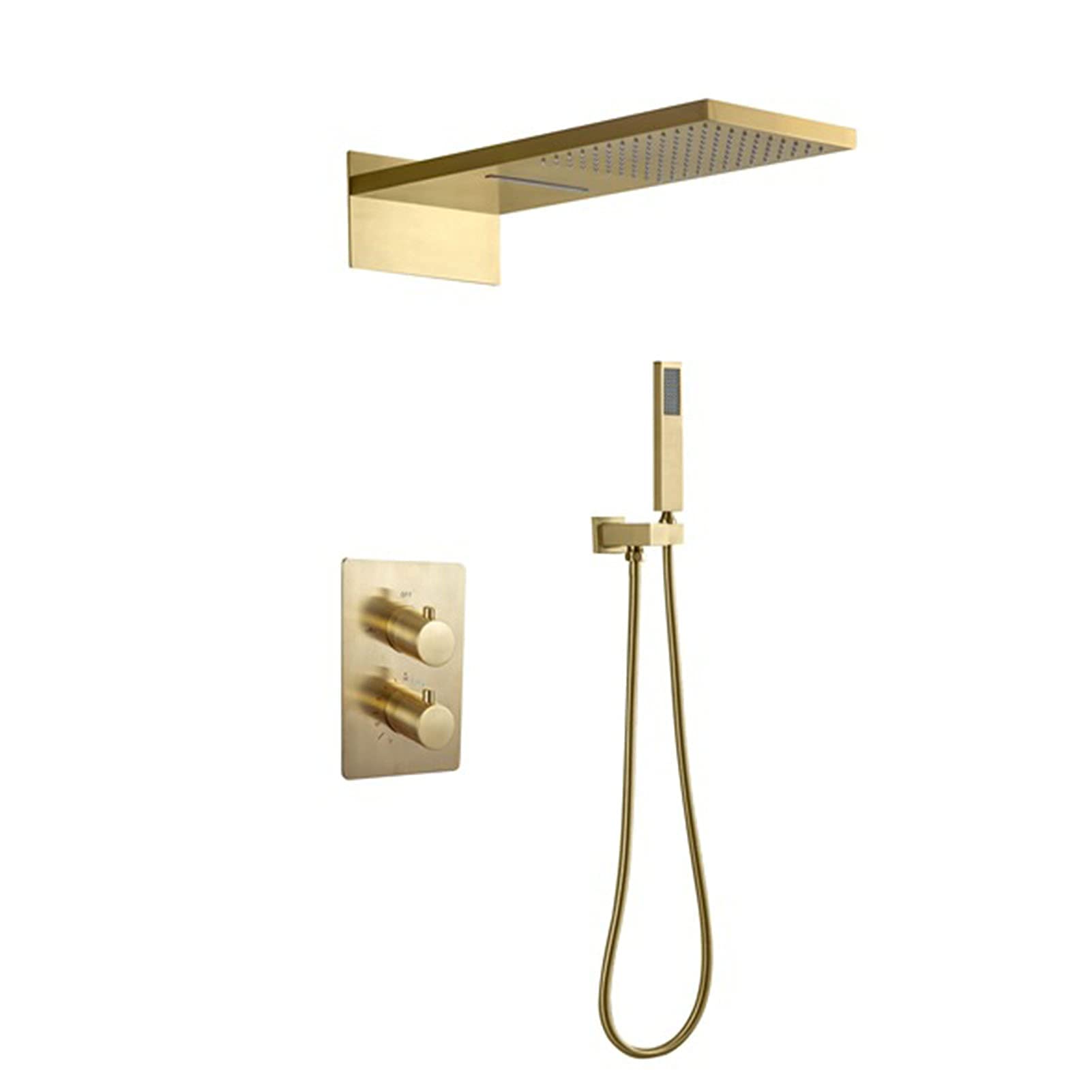 AYCDL Shower Faucet Set Brushed Gold, Waterfall Rainfall Shower Head with Handheld Shower, Wall Mounted Thermostatic Shower System, Rain Mixer Shower Set