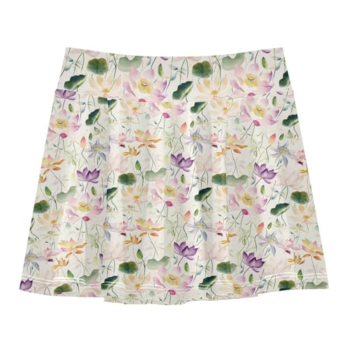 Water Lily Flowers Girls Tennis Skirt with Built-in Shorts Cheer Skirts with Pockets Flowy Little Girl Skorts