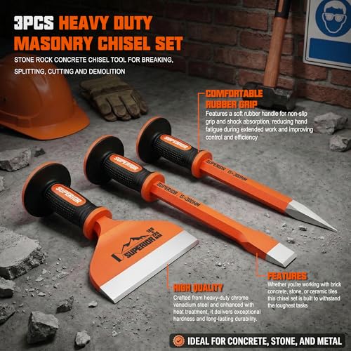 KIRXST 3-Tlg Handmeißel Set mit Handschutz, 22 cm Fliesenmeißel, 30 cm Flachmeißel und 30 cm Spitzmeißel für Präzise Arbeiten an Fliesen, Beton und Stein