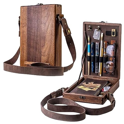RYAJK Writers Messenger Wood Box,Retro Wooden Handmade Portable Crossbody Postman Bag, Storage Box Shoulder Bag,Retro Writer Storage Box for Artist Or Writer