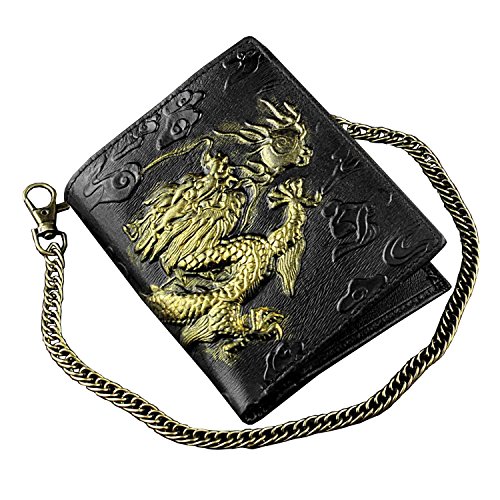 Mens 3D Dragon Vintage Luxury Leather Wallet ID Card Holder Purse w/Chain