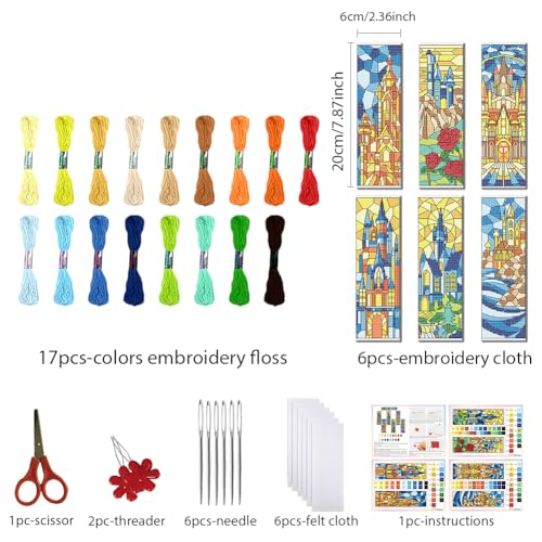 Image of FREEBLOSS 6 Set Cross Stitch Bookmark Kit 11 CT Stamped Cross Stitch Kit DIY Embroidery Bookmark Kits for Adult Beginners with Instructions, Stained Glass Castle Pattern, 6 x 20 cm /8 inch x 2.4 inch