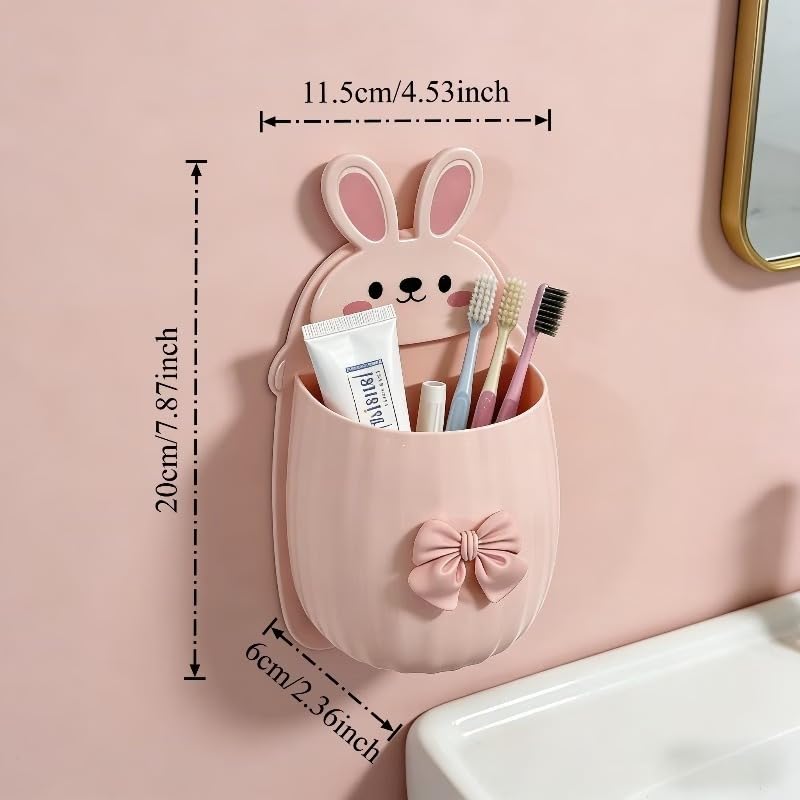 Image of Cute Rabbit Wall Mounted Toothbrush Holder | Self-Adhesive Bathroom Organizer for Toothbrush Toothpaste Comb & Cosmetics | Cartoon Bunny Storage Pocket for Kids Bathroom Accessories (Pack of 2)
