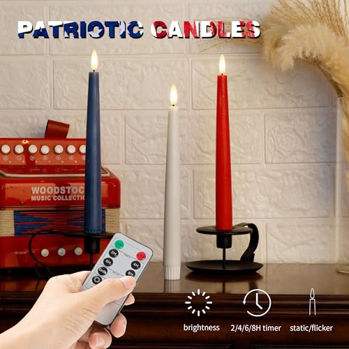 Image of Patriotic Flameless Taper Candles With 3D Wick - 9.6 inch Real Wax Red White and Blue With Remote and Timer - 4th of July LED Battery Operated Fake Candles, 3 Pack