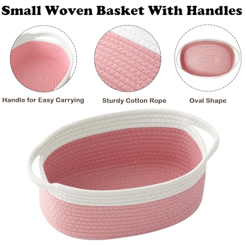 Image of Woven Rope Basket - Baby Gift Basket with Bag & Ribbon, White&Pink
