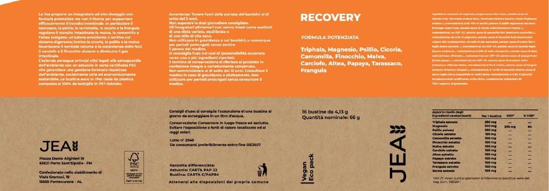 Jea RECOVERY Integratore Naturale per Regolarità Intestinale e Gonfiore - Formula Lenitiva con Psillio, Triphala, Malva e Camomilla - Depurativo Detox - 16 Bustine in Carta FSC