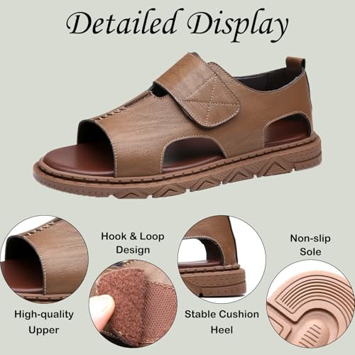 Men's Leather Hand Stitching Hollow Out Sandals Summer Retro Comfort Round Open Toe Breathable Hook Loop Anti-Slip Flat Beach Sandals for Casual Outdoor Wading3