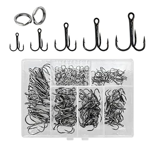 UperUper 200 Pack Fishing Treble Hooks Kit High Carbon Steel Hooks Strong Sharp Round Bend with Split Rings for Lures Baits Saltwater Freshwater Fishing Size 2# 4# 6# 8# 10#