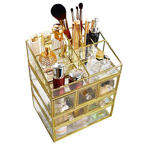 minopigo Antique Spacious Mirror Glass 6Drawers Vanity Tray Set/Gold Metal Cosmetic Makeup Storage/Stunning Jewelry Cube Organizer. It Consists of 4Separate Organizers Dustproof