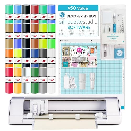 Silhouette America Cameo 5 Alpha () - Smart Cutting Machine Classic White (Starter Bundle) - Includes Designer Edition Software 24 Oracal Vinyl Sheets Tool Kit & 25 Free Designs for DIY