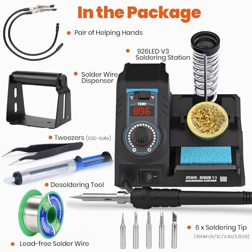Image of 926LED V3 Entry-Level 60W Soldering Station Iron Kit in Black with Temperature Control includes Helping Hands, Lead-Free Solder, 6 Soldering Tips, ESD-Safe Tweezers, Sleep Mode