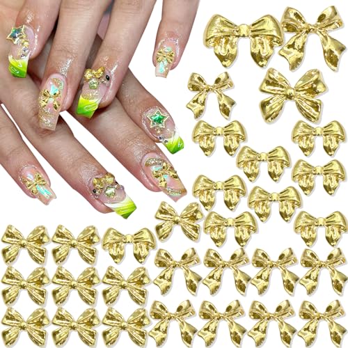 YAEISM 30PCS 3D Gold Bow Charms - 3 Styles Alloy Ribbon Bowknot for Nail Art and DIY Crafts Decoration