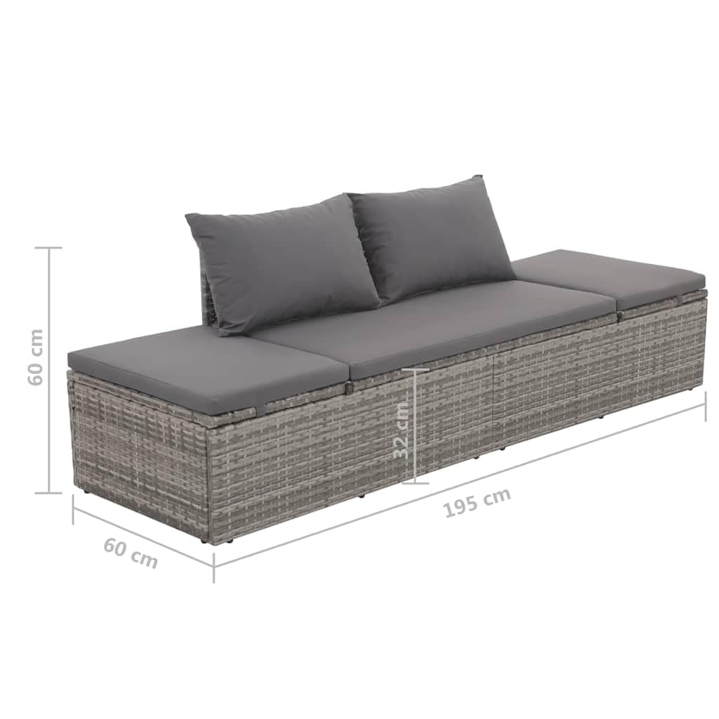 Lettino da giardino in polyrattan grigio, 195 x 60 cm, con schienale e pediera regolabili, imbottitura inclusa, ideale come lettino da sole, isola lounge per terrazza, balcone, relax