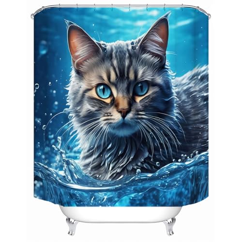Image of LYFANS Bathroom with Sea Cat 3D Shower Curtains, Luxury Bathtub Standard Shower Curtain, Waterproof and Bright Fabric Shower Curtain Size (72x72 Inches)