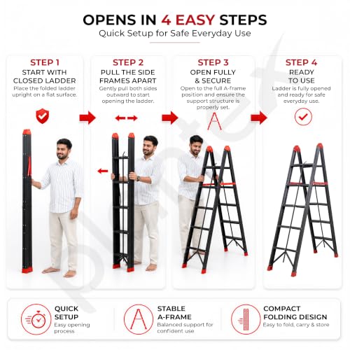 Image of Plantex Ladder for Home 4 Steps /Foldable Heavy-Duty A-Frame Step Ladder /Home, Office & Warehouse - (Red & Black,150 kg Capacity)