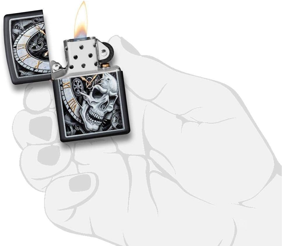 Personalized Zippo Wind Proof Lighter Black matt Skull Clock - Free Engraving - Christmas, Halloween & Valentines Day Gift