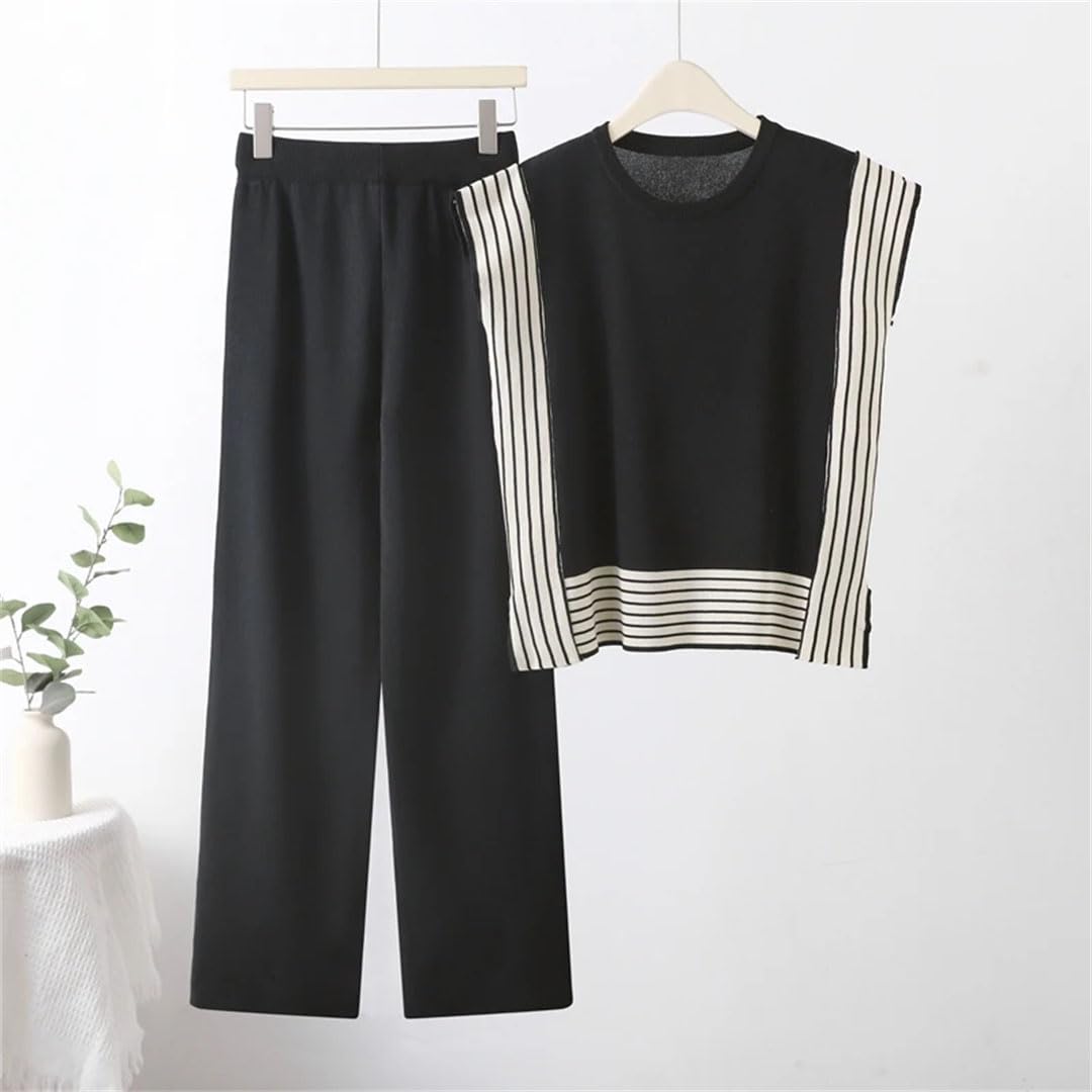 Ensemble deux pièces en tricot patchwork rayé pour femme - T-shirt sans manches - Jambe large - Pantalon longueur cheville