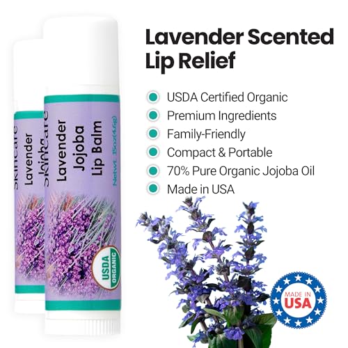 Desert Oasis Skincare | USDA Organic Lavender Lip Balm – 70% Jojoba Oil with Beeswax – Natural Lavender Essential Oil – Moisturizes & Protects Dry Lips – 2-Pack (0.15 oz / 4.6 g Each)