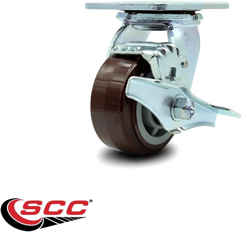 4" Heavy Duty Swivel Caster with Polyurethane Tread Wheel and Brake - 600 lbs Capacity - Service Caster Brand