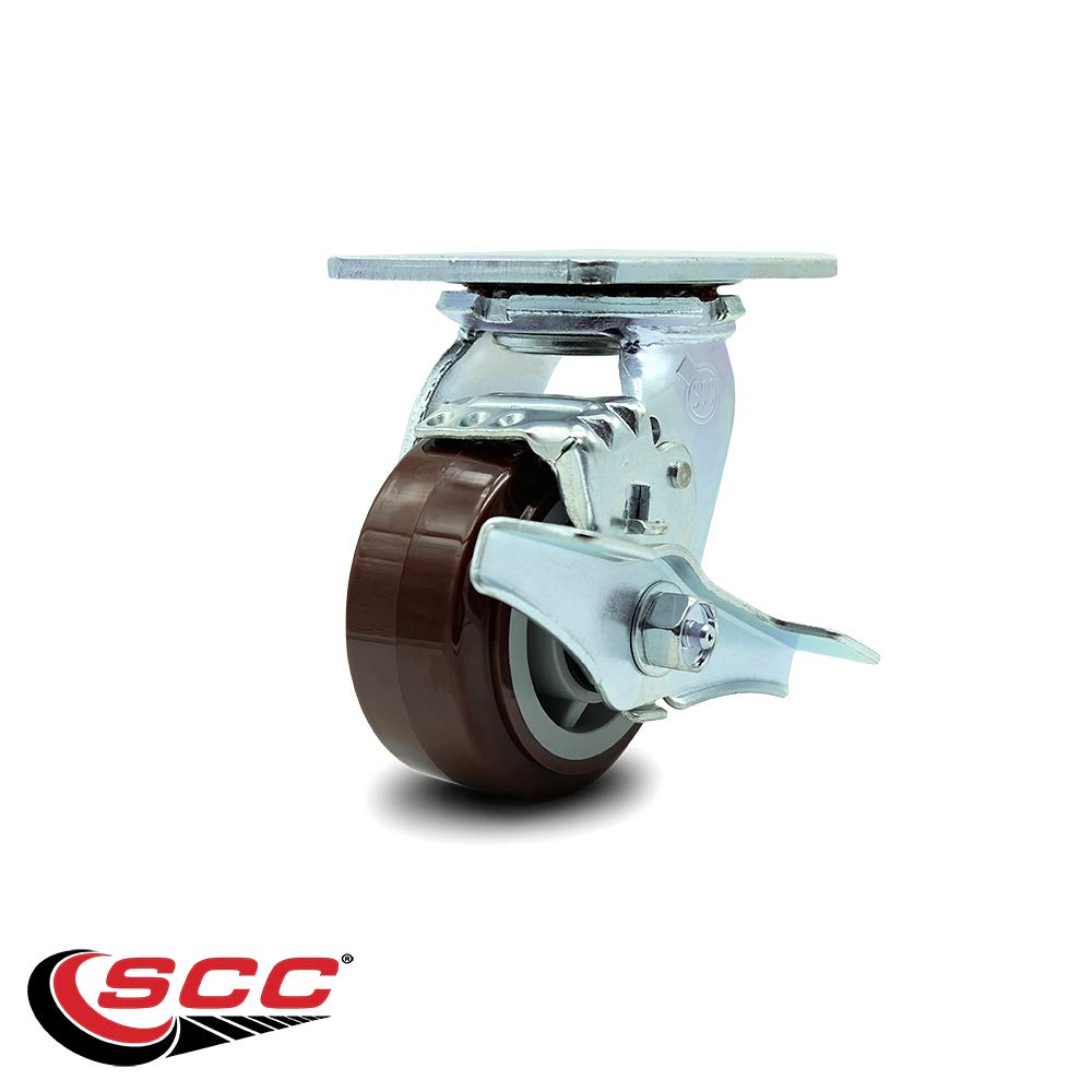 Heavy Duty Swivel Top Plate Caster with Top Lock Brake and 4 Inch Polyurethane Wheel with Ball Bearings - 600 lbs. Capacity/Caster - Service Caster Brand