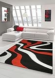 13 mm Gesamthöhe (ca.) Traum Designer Teppich Moderner Teppich Wohnzimmer Teppich Kurzflor Teppich mit Konturenschnitt Wellenmuster Schwarz Rot Weiss Größe 60x110 cm