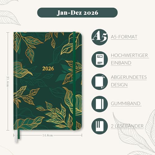 Kalender 2026 Buchkalender A5, 12 Monate Terminkalender mit Wochenplaner von Januar bis Dezember 2026 - Hardcover Kunstleder Taschenkalender Terminplaner - Grünes Blatt