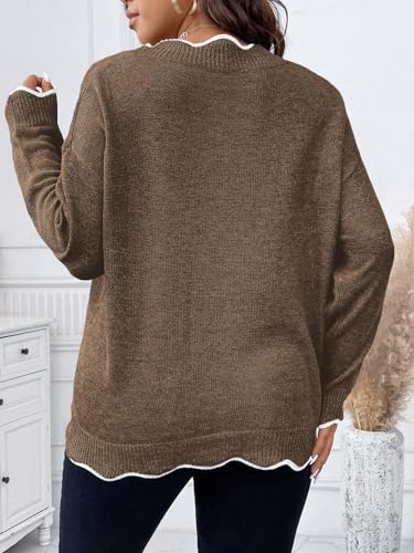 Image of MAKEMECHIC Women's Plus Size Long Sleeve Sweaters Scalloped V Neck Knit Cozy Sweater Pullover