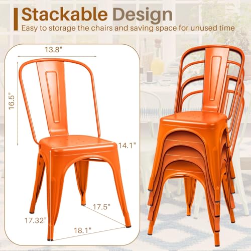 Image of Furmax Metal Dining Chair Indoor Outdoor Use Stackable Classic Trattoria Chair Chic Dining Bistro Cafe Side Metal Chairs Set of 4 (Orange)