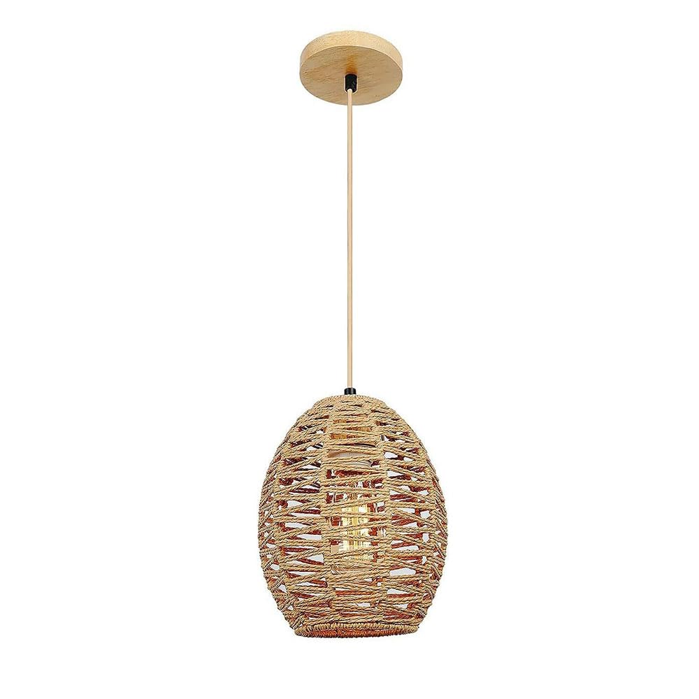 RSZCSMO Vintage Solid Wood Living Room Pendant Light Woven Rattan & Hemp Rope E26 Screw Base Single-Head Dining Table Hanging Lamp Kitchen Island, Corridor, Café Lighting Fixture
