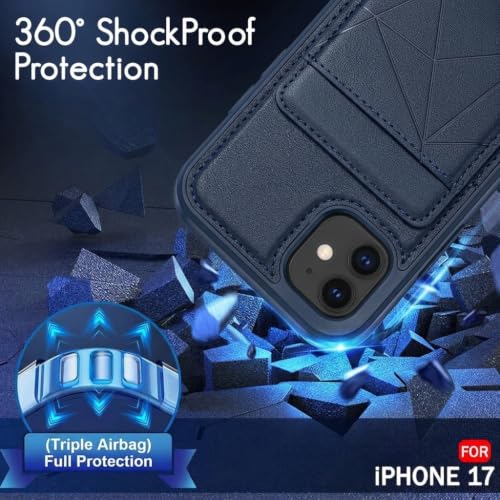 Image of amazon basics Premium Vegan Leather Back Cover with Card Holder and Integrated Mobile Stand for iPhone 11 - Slim Shockproof Wallet Case with Geometric Stitching [Blue]