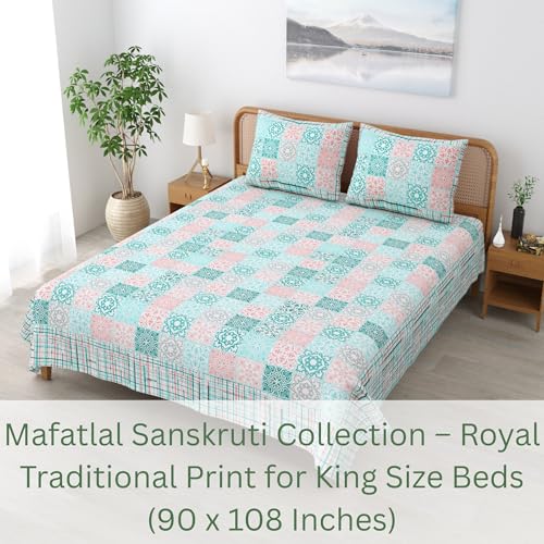 Image of Mafatlal 144 TC Sanskriti Cotton King Bedsheet | 90 x 108 Inches | Soft & Skin-Friendly | Handcrafted Jaipuri Print | 2 Pillow Covers | Light Blue