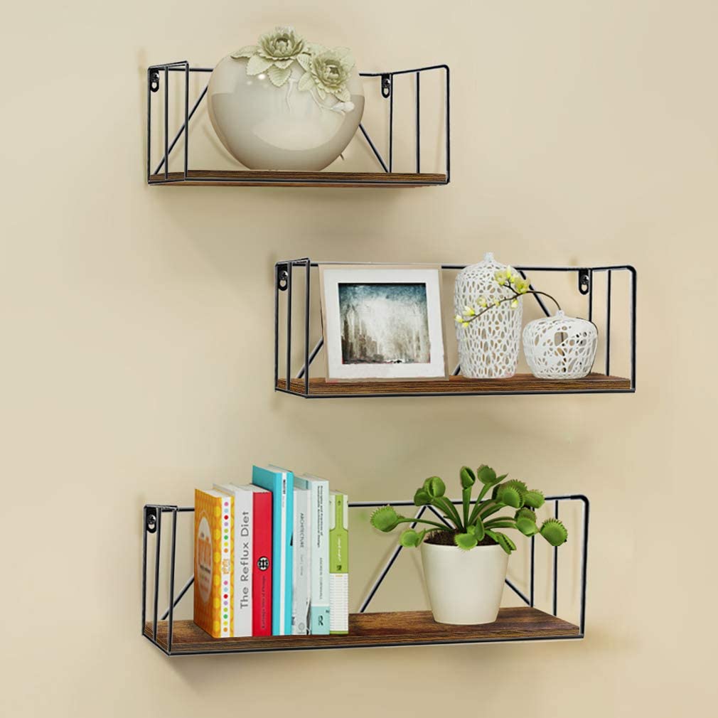 Floating Wall Shelves Set of 3, Black Metal Wire Hanging Rustic Storage