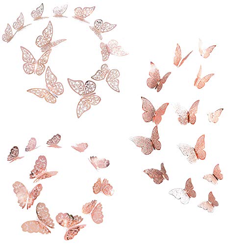 YUE QIN36pcs Pegatina de pared 3D mural de Arte Artesania bricolaje pegatinas decoracion de mariposa Calcomanías para el Hogar Murales de Papel Decorativo (Estilo Rose Gold)