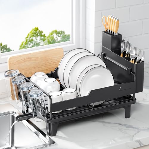 Urackify Escurridor de Platos Compacto, Escurreplatos con Bandeja de Drenaje para Encimera de Cocina, Ahorra Espacio, con Gran Soporte para Cubiertos, Negro