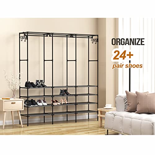 Kertnic 4-Tier Shoe Rack Storage Organizer For Entryway, Free Standing Black Shoes Rack And Boots Racks, Versatile Shoe Shelf Stand With Coat Hanging Garment Rack For Bedroom #TOP3