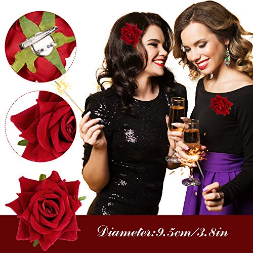 PMELCXD 4 Pieces Rose Hair Clip Flower Hairpin Brooch Floral Clips Women Hair Accessories, Red,Rose - Image 3